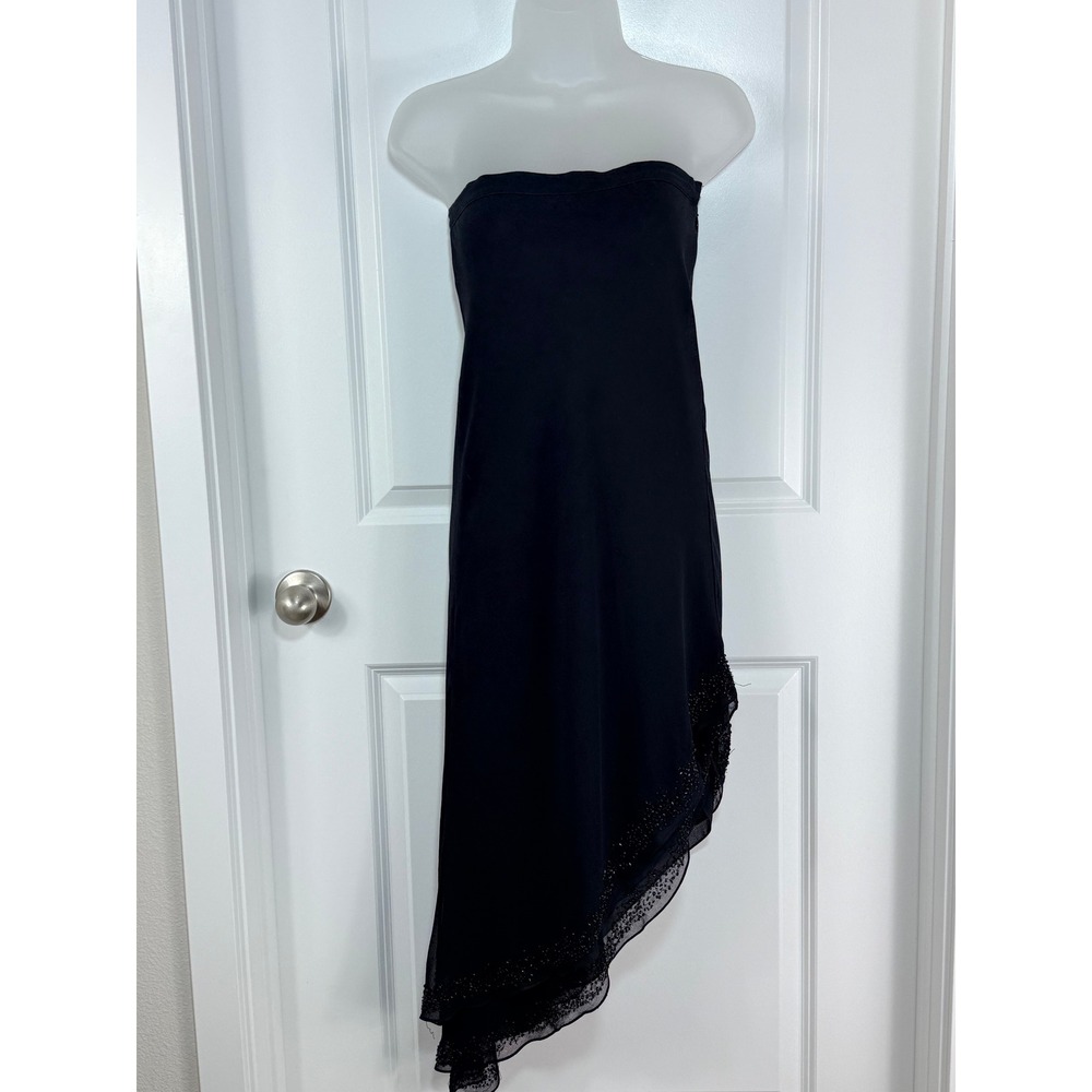 Cache Black Beaded Evening Ruffled Asymmetrical Hem Strapless‎ Midi Dress S 4